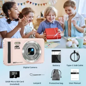 Câmera Digital Acrensly 4K 64MP Rosa maquina fotografica Para Vlog com Zoom 16x e Foco Automático, Tela IPS 2.8", Cartão 32GB e 2 Baterias - Imagem 6