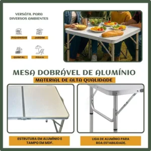 Mesa Dobrável Vira Maleta Alumínio Com Alça Portátil 90x60cm Para Camping Pesca Jardim Área Externa Ou Interna Salão De Festas Gourmet Cor Branco - Imagem 5