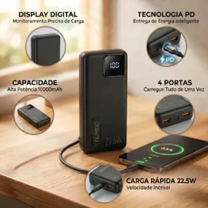 Power Bank 10000mAh Carregador Portátil Turbo 22,5W PD USB-C Carga Rápida 4 Portas Display Digital Bateria Externa Cabo Incluído Proteção Sobrecarga Universal Android iOS Brasiliana Tech - Imagem 3