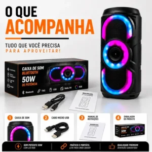 Caixa De Som Bluetooth Potente 50w Rgb Tws Usb Fm Portátil - Imagem 12