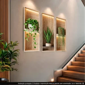 Quadros Decorativos Para Sala Plantas Folhas Estilo Nicho 3d Borda Infinita - Imagem 5