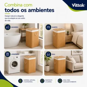 Vittak Cesto De Roupa Bambu 72 Litros Dobrável Retangular Com Tampa E Forro - Imagem 6