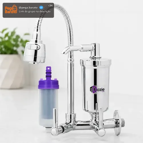 Torneira com Filtro para Cozinha Bica Flexível Móvel Em Abs Carbon Block Purificador De Agua Com Refil Instalado Registro 1/4 de Volta Gourmet Parede Luxo Chuveirinho 2 Modos de Jatos