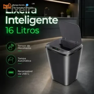 Lixeira Inteligente Automática 16l Com Sensor Infravermelho Recarregável Usb Sistema Anti Odor Tampa Touchless Para Banheiro Cozinha Cor Cinza Escuro - Imagem 1