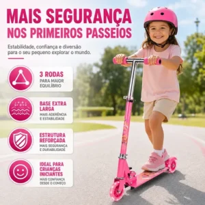 Patinete 3 Rodas Infantil Menina Rosa Dobrável Ajustável Led - Imagem 7