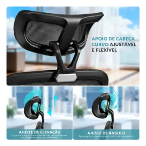Cadeira de Escritório Ergonômica FivDaily C600 Preta, com Apoio de Cabeça e Suporte Lombar - Imagem 4