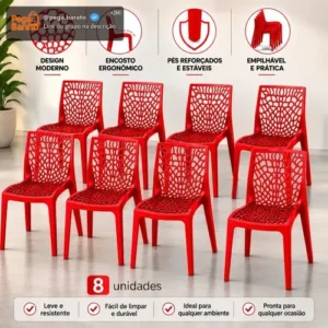 Kit 8 Cadeira Gruvyer Vermelha Moderna Ergonômica Suporta 140kg Empilhavel Resistente Feita Para Área Interna e Externa Bar Restaurante Escritório Casa Sala De Jantar Cozinha Gourmet Design Decorativo - Imagem 1
