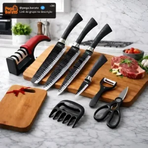 Jogo De Facas Inóx Conjunto 8 Peças Kit Cozinha Churrasco Premium + tábua AQUATTRO - Imagem 1
