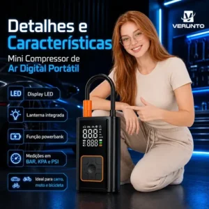 Mini Compressor Digital Portátil Bomba De Encher Pneus Bola Inflável Para Carro Moto Bicicleta Com Calibrador De Ar Preto - Imagem 5