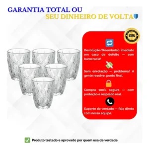 Jogo 6 Copos Diamond 300ml Vidro Grosso Diamante Luxo Moderno Resistente Buffet Casual Baixos Transparente - Imagem 6