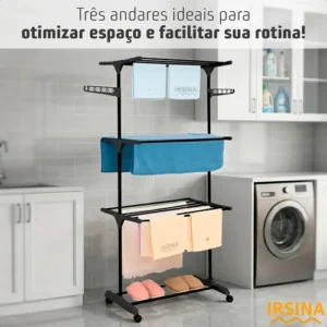 Varal Dobrável De Chão 3 Andares De Roupas Grande Com Rodinha Aba Lateral Retrátil Para Cabide Irsina - Imagem 7