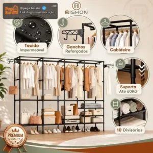 Guarda Roupa Dobravel Closet Aberto Organizador De Roupas Desmontavel E Arara Organizadora 4 Colunas Em Aço Resistente Rishon - Imagem 1