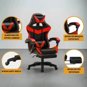 Cadeira Gamer Reclinável Ergonômica Com Apoio Para Pés e Cabeça de Couro Sintético Vermelho Sweet Studio - Imagem 8