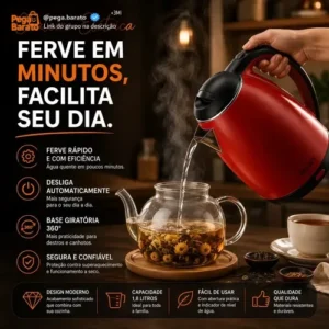 Chaleira Jarra Elétrica 1,8l Litros Em Inox Vermelha Desligamento Automático Aquecimento Rápido Segura Café Chá Fácil Abertura Tampa Alça - Imagem 1