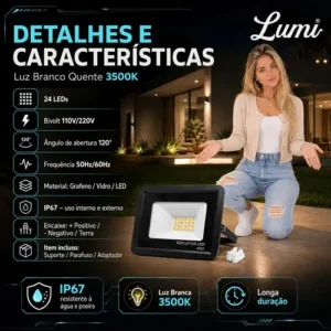 Refletor Super Led 50W Lumi SMD Branco Quente IP67 Alumínio Externo - Imagem 5