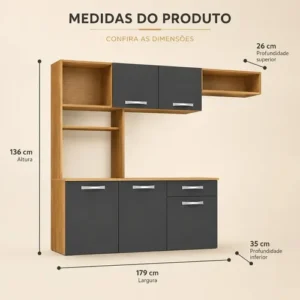 Kit Armário Cozinha Suspensa Aramóveis Compacta 5 Portas 1 Gaveta Nanda Cor Cinamomo Grafite - Imagem 6