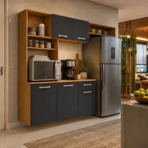Kit Armário Cozinha Suspensa Aramóveis Compacta 5 Portas 1 Gaveta Nanda Cor Cinamomo Grafite - Imagem 3