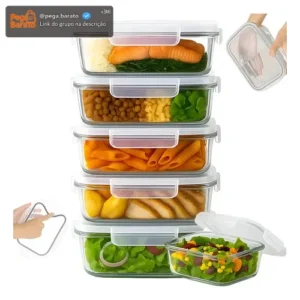 Yab - Kit 5 Potes De Vidro Marmita C/ Tampa Hermético 640ml Retangular 4 Travas Borossilicato Alimentos Micro-ondas Freezer Geladeira - Imagem 1