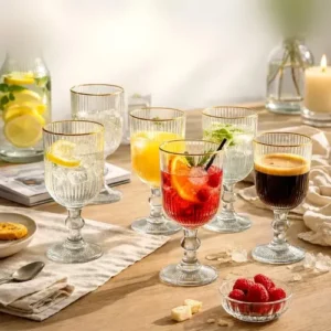 Kit de 6 Taças de Vidro Canelado com Borda Dourada para Água, Vinho e Suco Pratitudo Essencial Versalhes Gold 340 mL - Imagem 2