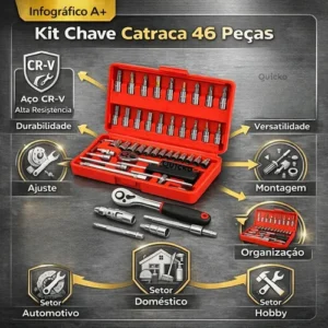 Kit Chaves Ferramentas Jogo Fenda Philips Catraca Soquete Allen 46 Peças Com Maleta Completa Manual Ideal Mecânico Manutenção Casa Carro Profissional Resistente Portátil Compacto Quicko Vermelho - Imagem 8