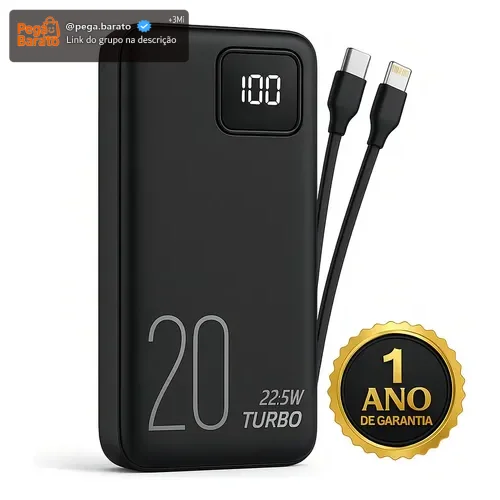Carregador Portátil Power Bank Turbo 20000mah 22.5w universal para iphone samsung motorola xiaomi Com Display Digital DTimp