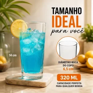 Jogo de 6 Copos Alto 320ml Miami Vidro Grosso Moderno Luxo Transparente Quadrado ViaCruz - Imagem 2
