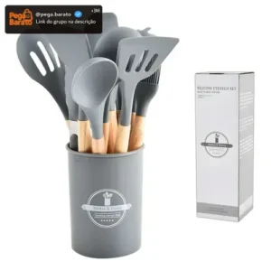 Kit Colheres Silicones 12 Peças Silicone C/ Suporte Madeira - Imagem 1