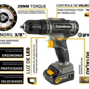 Furadeira Parafusadeira Sem Fio A Bateria Gpb12vd 12v 3/8 10mm Com Maleta E Acessórios Gradiente - Imagem 9