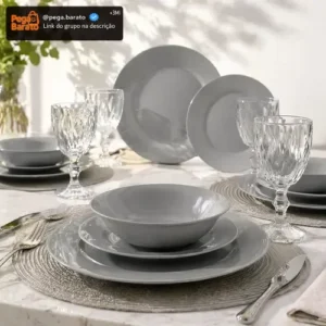 Aparelho De Jantar 16 Peças De Vidro Cinza Com Taça Diamond Conjunto Mesa Posta Completo Jogo De Pratos E Taças Sayonara - Imagem 1