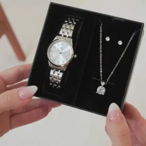 Kit Relógio Colar E Brincos Ponto De Luz Feminino Luxo Silver Saint Germain Presente Original Joias Prata Elegante Clássico 28mm - Imagem 3