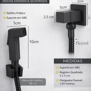Ducha Higiênica Quadrada Luxo Metal Chuveirinho de Banheiro 1.20 mts Preto Completa ¼ Volta - Imagem 5