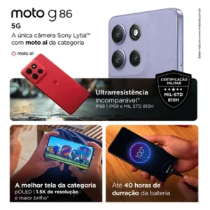 Smartphone Motorola Moto G86 5g - 256gb 24gb (8gb Ram+16gb Ram Boost) Tela 1.5k Poled, 50mp Sony Camera Ois Moto Ai, Videos Em 4k, Ip68 + Ip69 - Grafite - Imagem 4