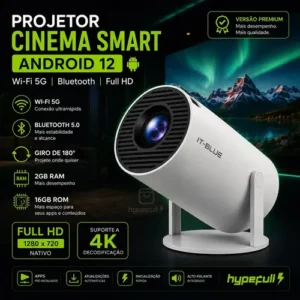 Projetor Portátil Cinema Smart Android 12 Premium WiFi 5G Bluetooth 2GB RAM 16GB Suporta Full HD e 4K Giro 180° Hypefull Série HY300 Homologado Anatel Bivolt - Imagem 12