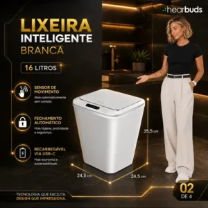 Lixeira Inteligente Automática Branca Universal Com Sensor Hearbuds Recarregável Anti Odor 16L - Imagem 3