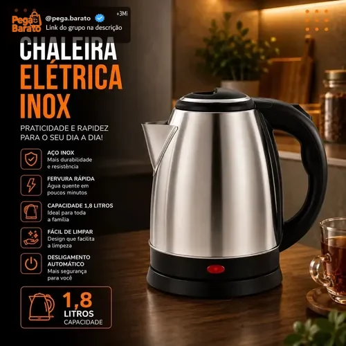 Chaleira Jarra Elétrica 1,8l Litros Em Inox Desligamento Automático Aquecimento Rápido Segura Café Chá Fácil Abertura Alça Viacruz