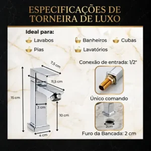 Torneira Banheiro Monocomando Luxo De Metal Quadrada Premium - Imagem 3