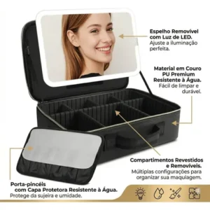 Maleta Maquiagem Profissional Com Espelho Led Divisórias - Imagem 2
