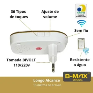 Campainha sem Fio Residencial Wireless Resistente a Agua B-Max BM-603 Cor: Branca e Dourada - Imagem 5