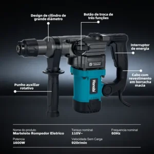 Martelete Rompedor Elétrico 1600w 220v 4,5j Profissional - Imagem 6