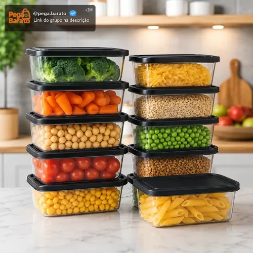 Kit 10 Potes 500ml Bpa Free Microondas Freezer Tampa Preta