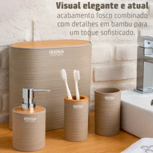Kit Banheiro Completo Acessórios De Bambu Moderno Lixeira Com Tampa Escova Saboneteira Cor Bege Irsina - Imagem 9