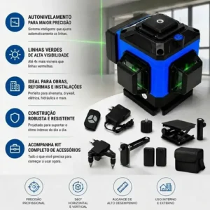 Kit Nível A Laser Verde 12 Linhas Esquadro + Suporte + Tripé Recarregavel Profissional Prumo Autonivelante Acompanha Controle - Imagem 5