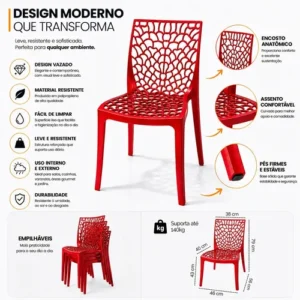 Kit 8 Cadeira Gruvyer Vermelha Moderna Ergonômica Suporta 140kg Empilhavel Resistente Feita Para Área Interna e Externa Bar Restaurante Escritório Casa Sala De Jantar Cozinha Gourmet Design Decorativo - Imagem 7
