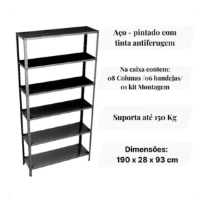 Estante Armário Prateleira de Aço 6 Bandeja Organizador Multiuso preta suporta 150kg 190cm x 90cm x 28cm - Imagem 5