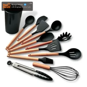 Kit C/12 Utensílios De Cozinha Silicone Cabo Madeira - Imagem 1