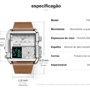 Relógio Masculino Feice Fk030 Analógico Digital Couro Luxo - Imagem 3