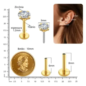 Piercing Labret Titânio Push Pin Ponto De Luz Cravejado Pvd - Imagem 3