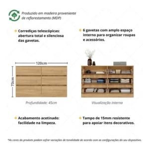Cômoda Com 6 Gavetas 120cm Multimóveis Mp4396 Madeirado - Imagem 4