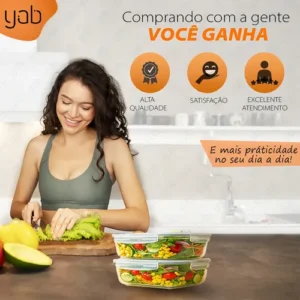 Yab - Kit 5 Potes De Vidro Marmita C/ Tampa Hermético 640ml Retangular 4 Travas Borossilicato Alimentos Micro-ondas Freezer Geladeira - Imagem 9