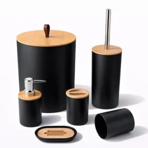 Kit Banheiro Acessórios Kit Banheiro Completo 6 Peças Tampa Fechada Copo Multiuso, Escova Sanitária, Cesto De Lixo, Porta Escova, Porta Sabonete Líquido, Saboneteira Dona Bego Cor Preto Sayonara - Imagem 2